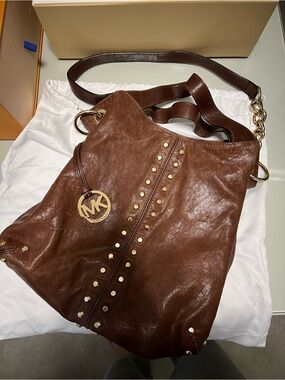 Michael Kors Chestnut Brown Leather Studded Hobo Shoulder Bag